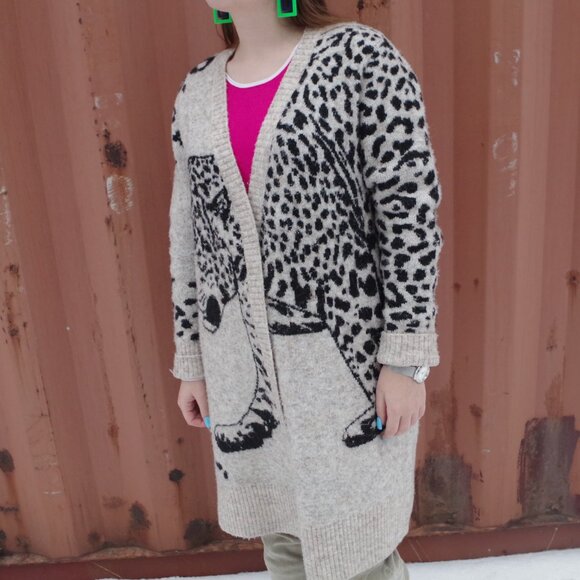 Leopard Print & Leopard Face On Women's Cardigan Sweater - Picture 3 of 6